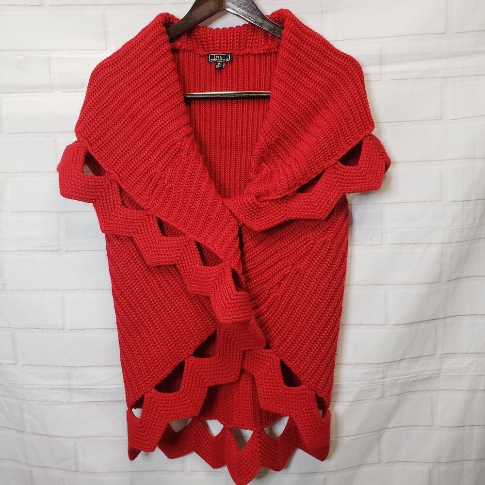 Vintage Lisa International Red Chunky Knit Vest Shawl Collar Sweater Cardigan PL